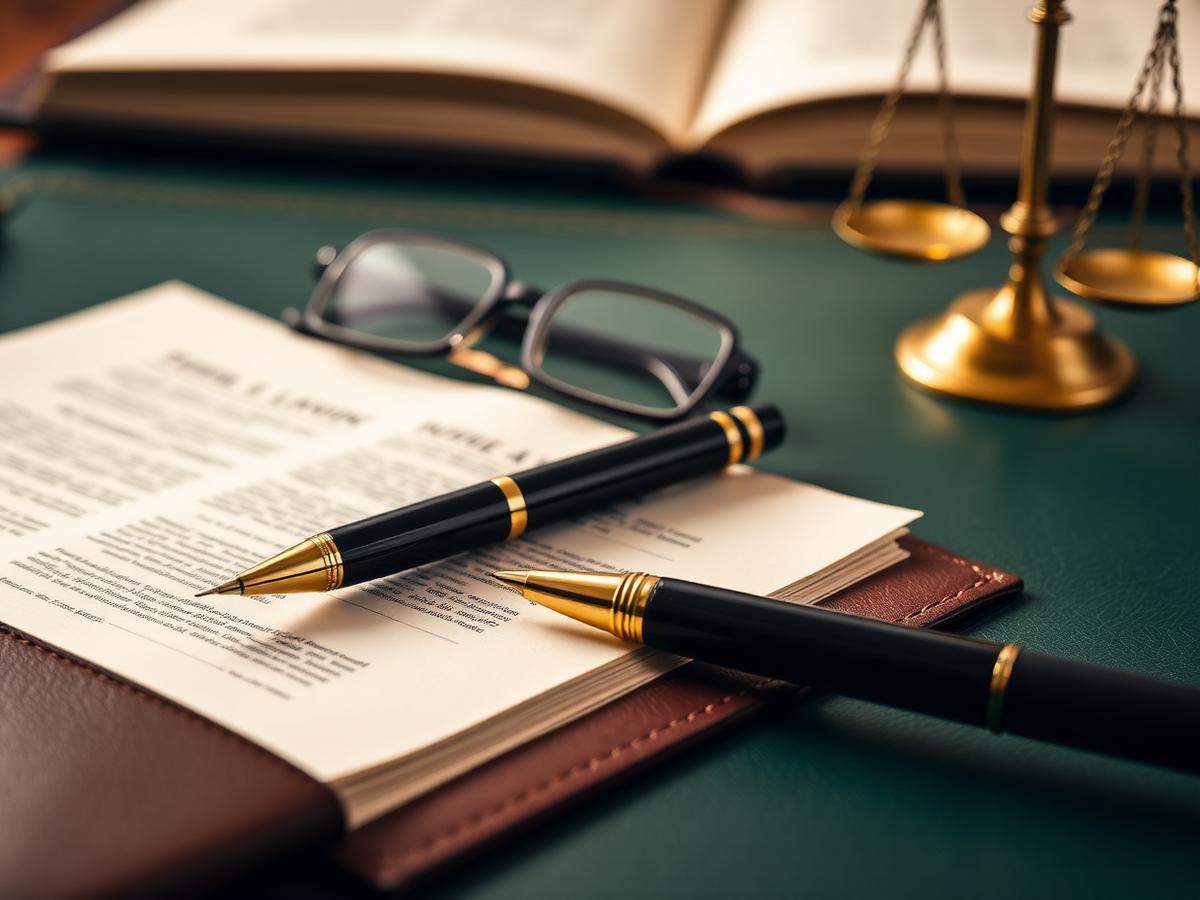 Detalle de escritorio del estudio: pluma, documentos y balanza de brass