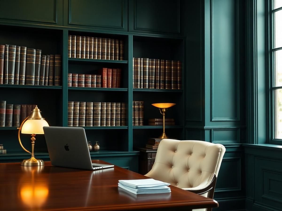 Interior del estudio Hornes Abogados: escritorio de madera, libros jurídicos y lámpara de brass